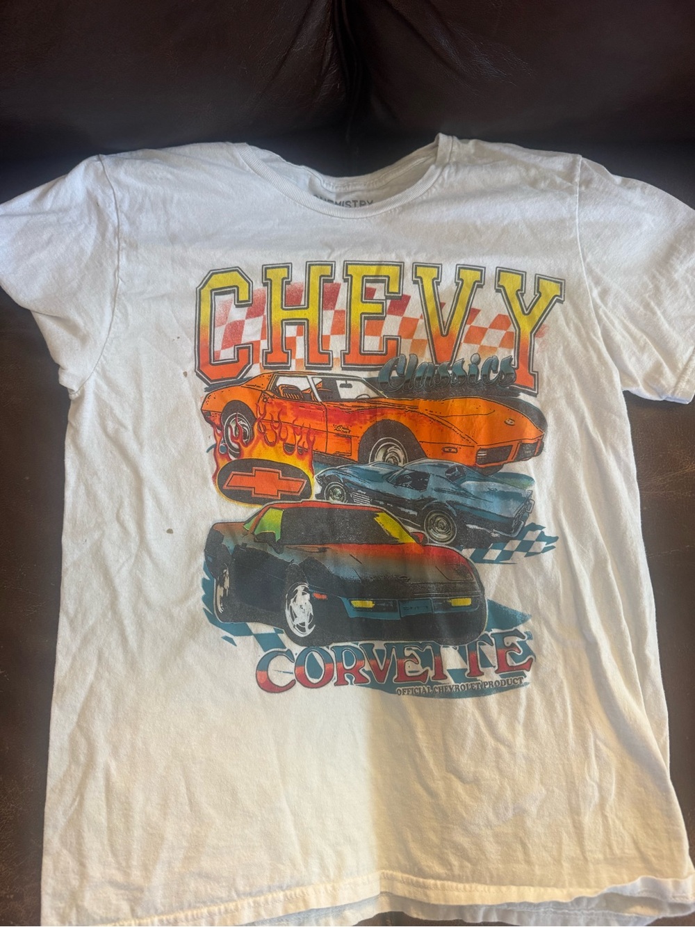 Chemistry White Kids Tee with Orange and Blue Corvette Graphic